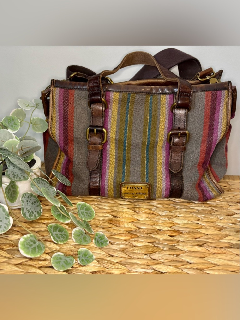 Vintage Fossil Striped Fabric Crossbody with Brown Leather Trim - Picture 14 of 16